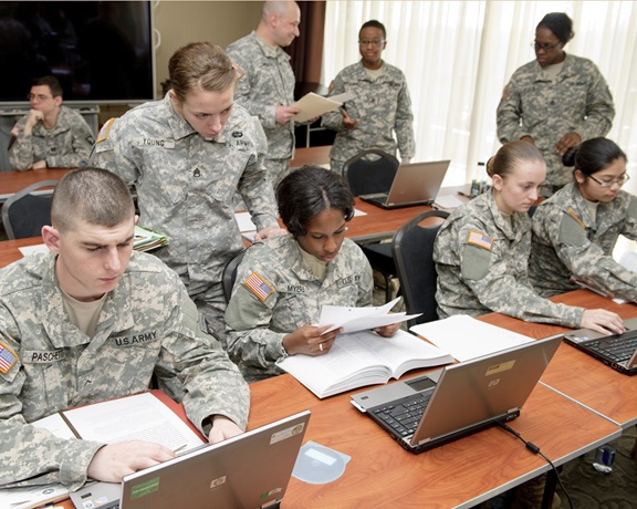 With 27D AIT now within a two-hour drive of TJAGLCS, new Paralegal Specialist trainees participate in a one-day exercise known as a JAGEX as part of their MOS qualification training. Photo ca. 2014. (Credit: JAG Corps Regimental Archives)